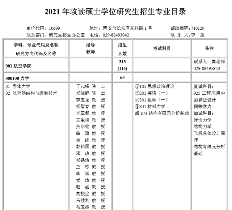 西北工業(yè)大學(xué)專(zhuān)業(yè)目錄
