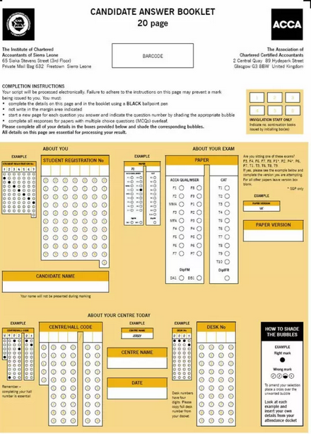 acca考試答題卡個人信息填寫