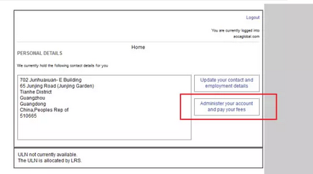 在右邊菜單點(diǎn)擊Administer your account and pay your fees選項(xiàng)