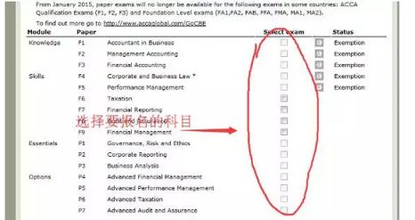 選擇ACCA考試科目，在相應的方框中打勾