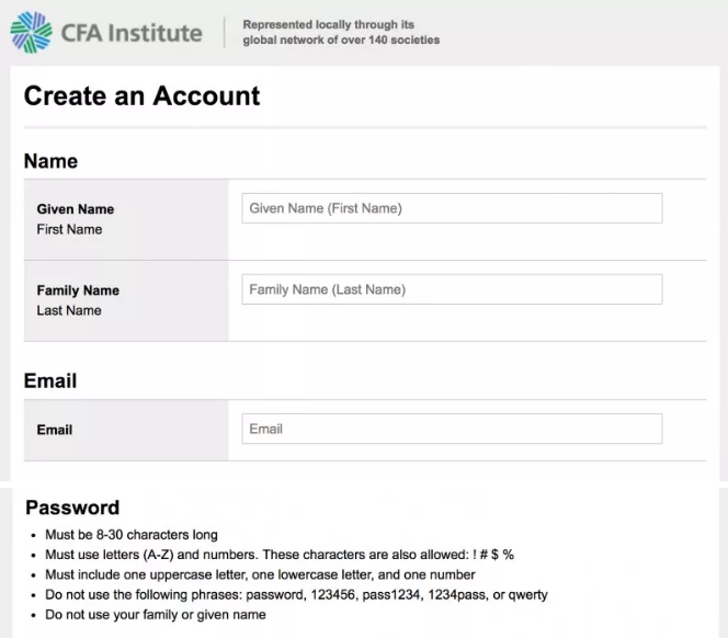 第一次CFA報(bào)名的同學(xué)要?jiǎng)?chuàng)建賬戶 所以點(diǎn)擊create an account