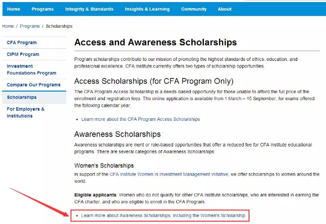 進入獎學金的申請頁面，點擊Learn more about Awareness Scholarships, including the Women’s Scholarship
