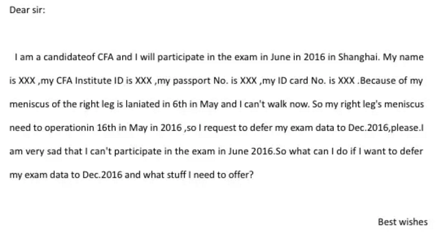 下面是一篇CFA延考申請的范文，供需要的CFA報名考生參考