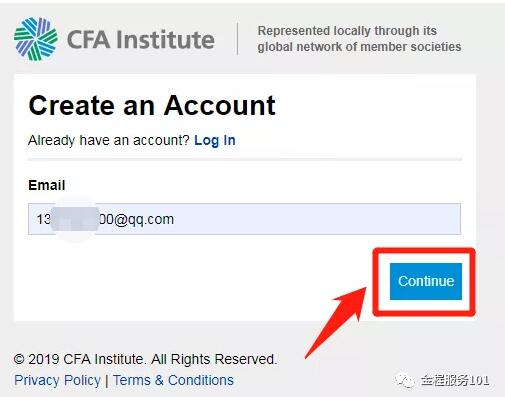 打開注冊(cè)頁(yè)面后填寫您的電子郵箱，確認(rèn)填寫無(wú)誤后，按Continue按鈕繼續(xù)。