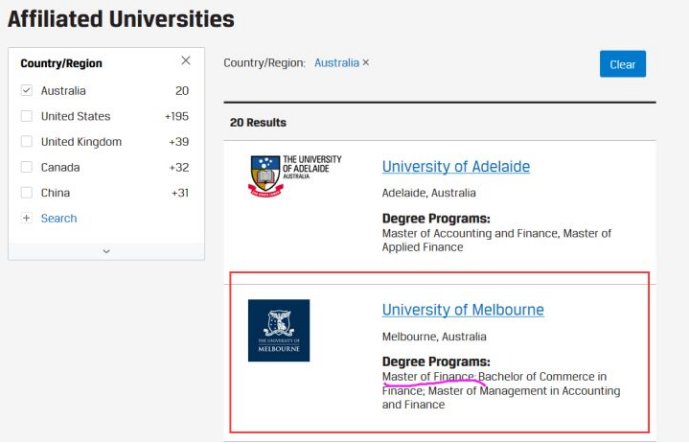 CFA官網(wǎng)上面顯示的認(rèn)證學(xué)校和專業(yè)截圖