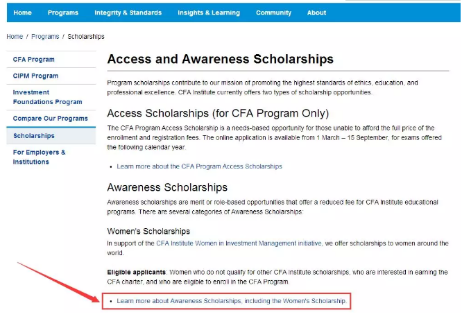 進(jìn)入獎(jiǎng)學(xué)金的申請(qǐng)頁面，點(diǎn)擊“Learn more about Awareness Scholarships, including the Women’s Scholarship