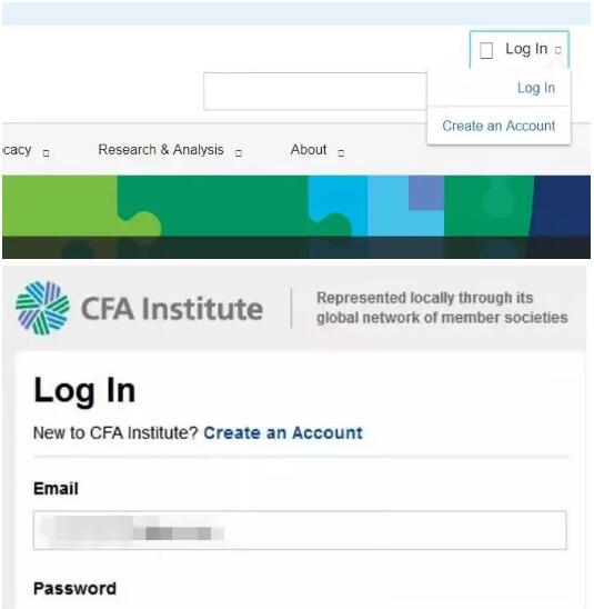  打開CFA協(xié)會官網，輸入賬號密碼登錄；點擊右上角的“Log In”按鈕