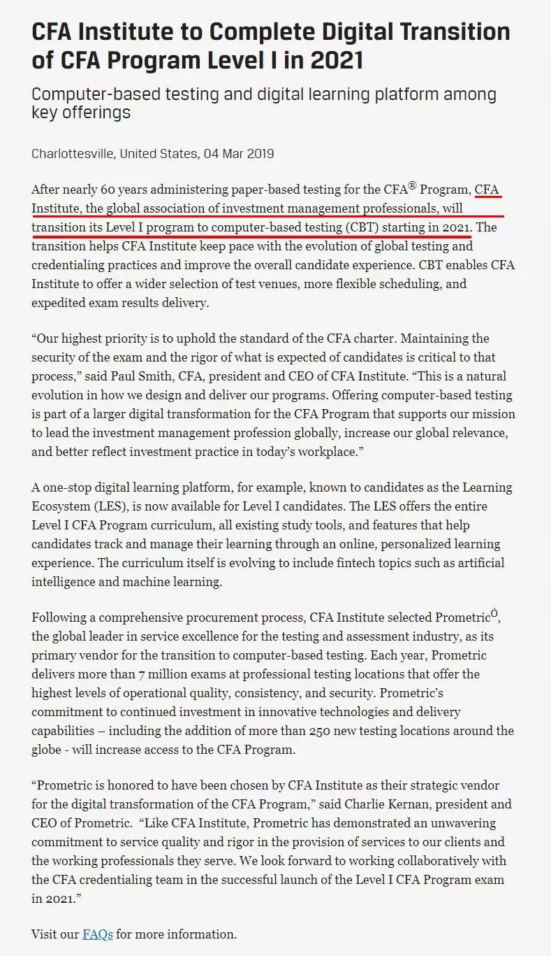 CFA協(xié)會(huì)官網(wǎng)官宣2021年CFA一級(jí)將采取機(jī)考形式