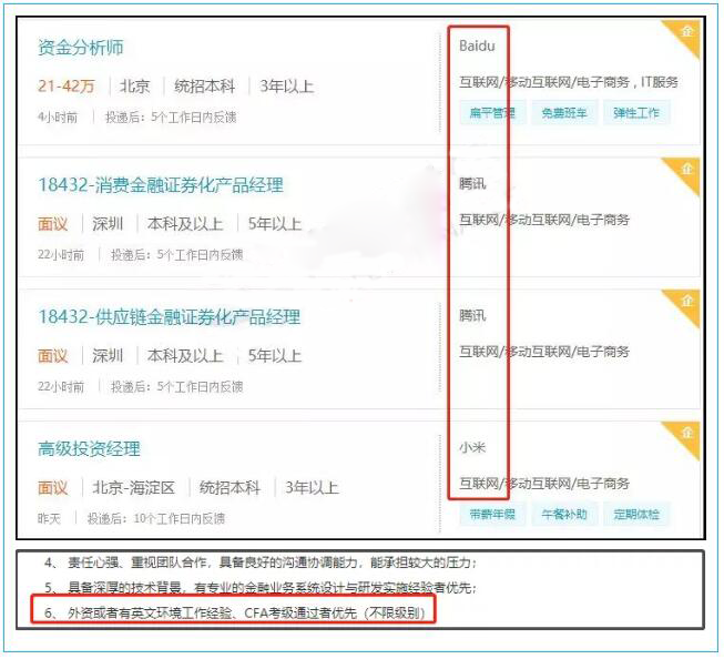 近日，BAT（百度、阿里、騰訊）、小米、蘇寧也發(fā)布了相關(guān)崗位招聘信息，表明了持有CFA等證書優(yōu)先