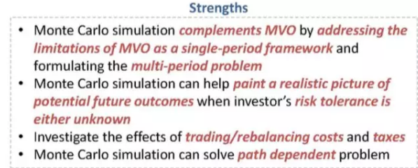 Monte Carlo Simulation主要解決了MVO模型 single-period的問題。它還有幾個優(yōu)勢，請看知識點回顧