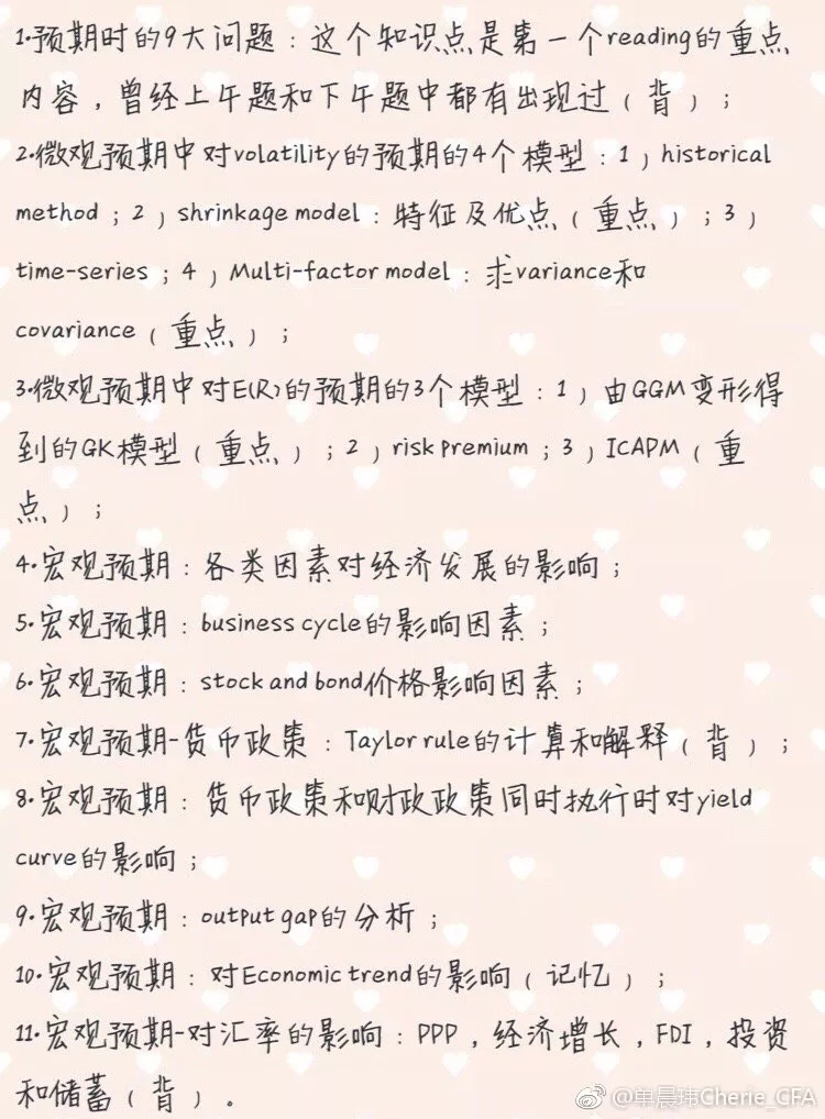 CFA三級(jí)經(jīng)濟(jì)學(xué)的第一個(gè)reading講的是資本市場(chǎng)預(yù)期，分為了微觀預(yù)期和宏觀預(yù)期，需要大家重點(diǎn)掌握的有