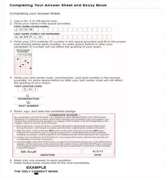 CFA一級答題卡填涂樣本(僅供參考)