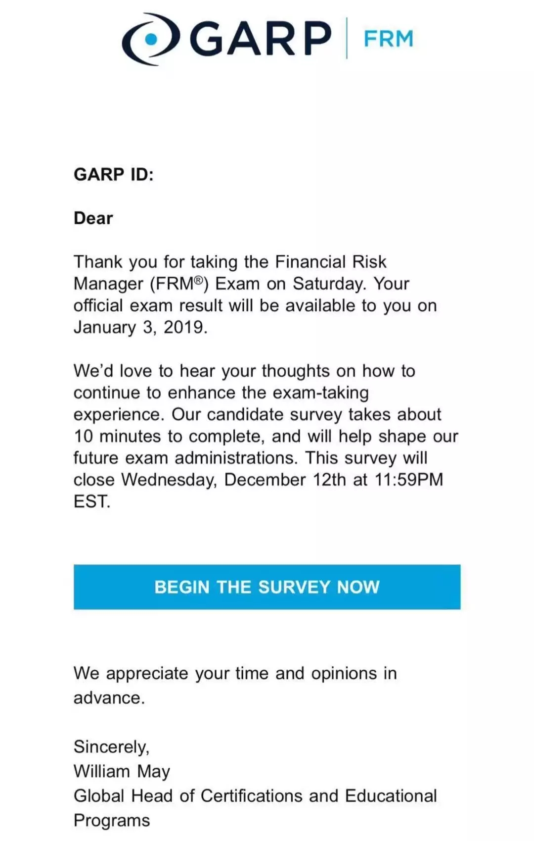 FRM報(bào)名考試考友收到的郵件全文