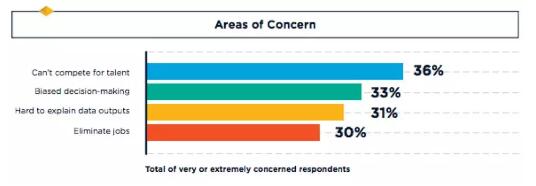  受訪者也對人工智能可能帶來的不利影響表示擔(dān)心，比如人機競爭、有偏見的決策過程、數(shù)據(jù)的難以解釋性和可能的失業(yè)問題等。