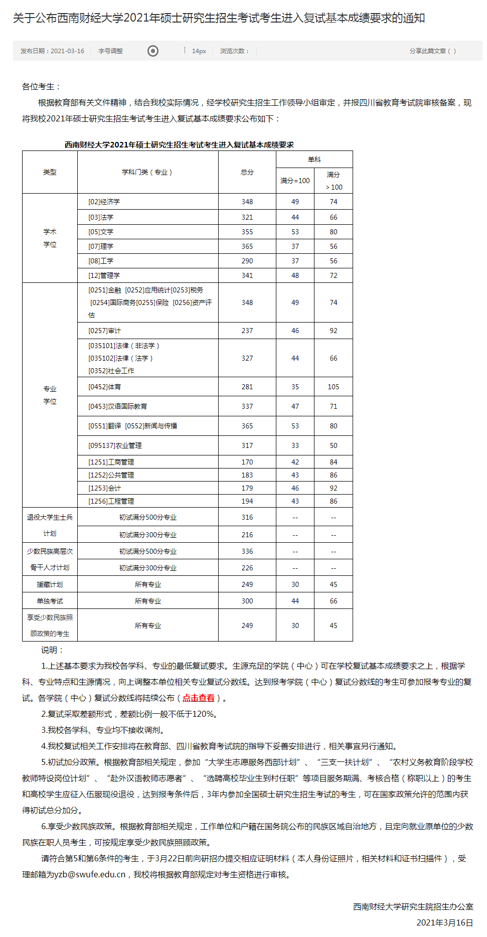 西南財經(jīng)大學(xué)2021年碩士研究生入學(xué)考試復(fù)試基本分?jǐn)?shù)線