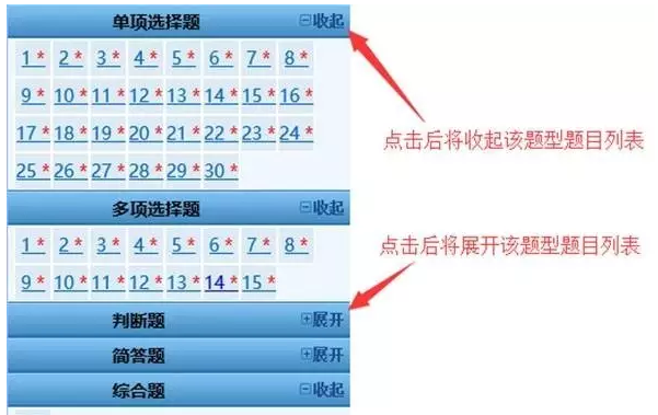 點擊“收起”或“展開”按鈕可以收起或展開該題型題目列表。